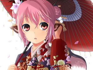 Preview wallpaper anime, girl, kimono, umbrella, surprise