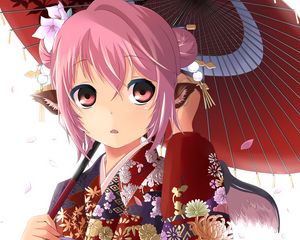 Preview wallpaper anime, girl, kimono, umbrella, surprise