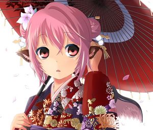 Preview wallpaper anime, girl, kimono, umbrella, surprise