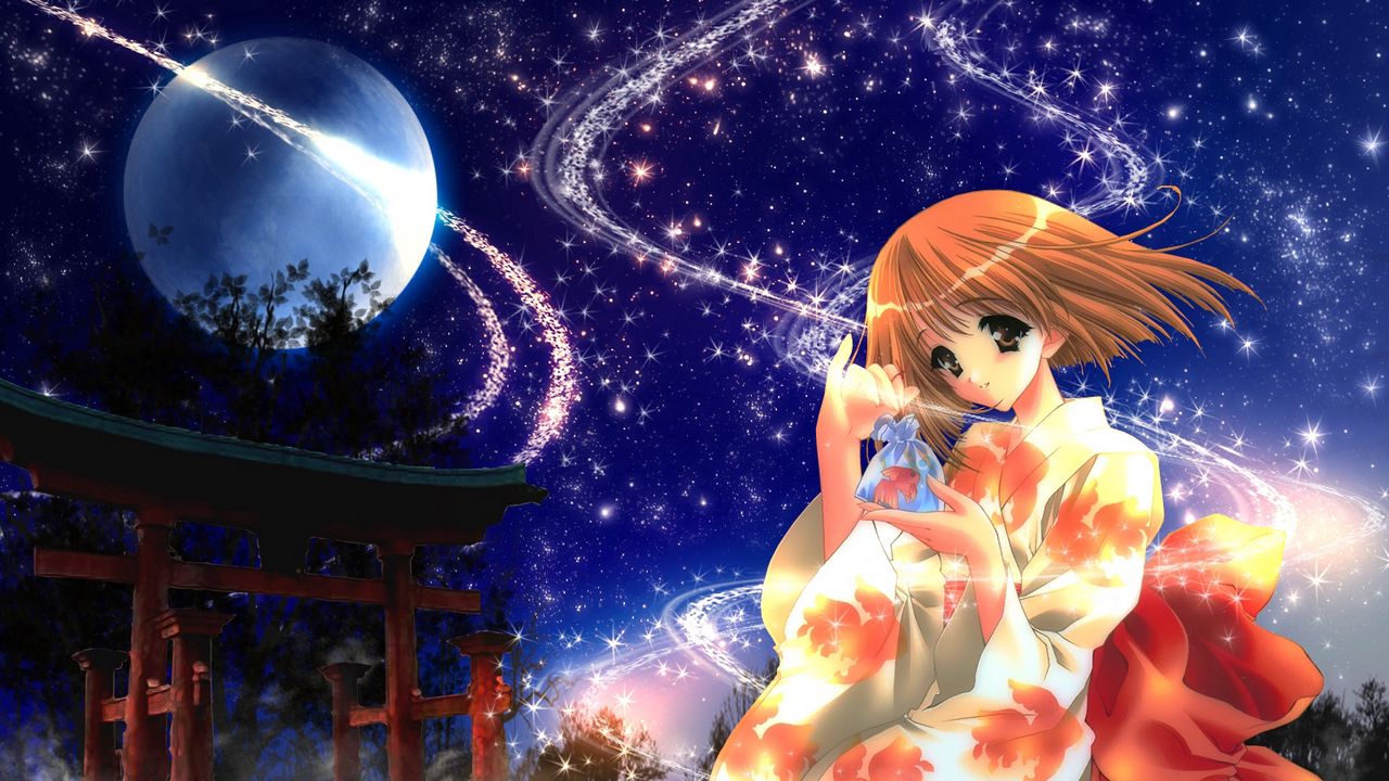 Wallpaper anime, girl, kimono, shine, wind, night