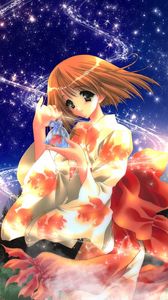 Preview wallpaper anime, girl, kimono, shine, wind, night