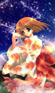 Preview wallpaper anime, girl, kimono, shine, wind, night