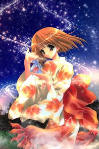 Preview wallpaper anime, girl, kimono, shine, wind, night