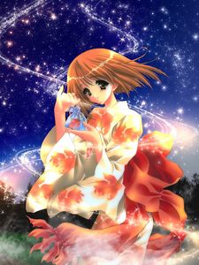 Preview wallpaper anime, girl, kimono, shine, wind, night