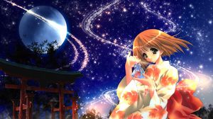 Preview wallpaper anime, girl, kimono, shine, wind, night