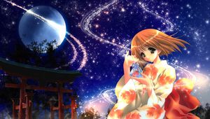 Preview wallpaper anime, girl, kimono, shine, wind, night