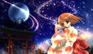 Preview wallpaper anime, girl, kimono, shine, wind, night