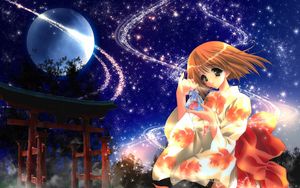 Preview wallpaper anime, girl, kimono, shine, wind, night