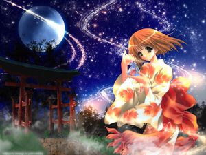 Preview wallpaper anime, girl, kimono, shine, wind, night