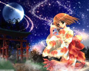 Preview wallpaper anime, girl, kimono, shine, wind, night