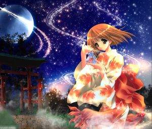 Preview wallpaper anime, girl, kimono, shine, wind, night