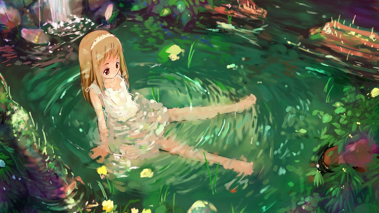 Wallpaper anime, girl, nature, water, sadness
