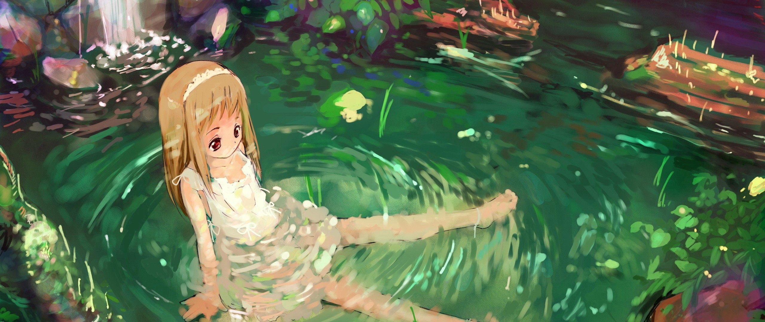 Download Wallpaper 2560x1080 Anime Girl Nature Water Sadness Dual Wide 1080p Hd Background