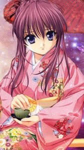 Preview wallpaper anime, girl, smile, kimono, umbrella