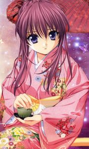 Preview wallpaper anime, girl, smile, kimono, umbrella