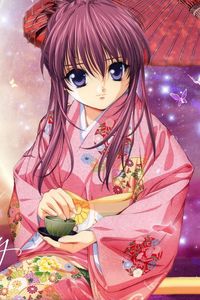 Preview wallpaper anime, girl, smile, kimono, umbrella