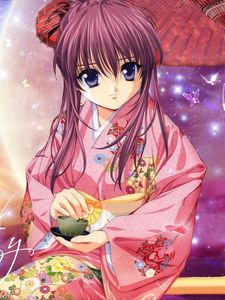 Preview wallpaper anime, girl, smile, kimono, umbrella