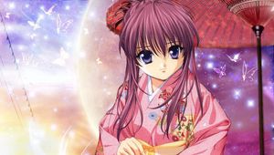 Preview wallpaper anime, girl, smile, kimono, umbrella