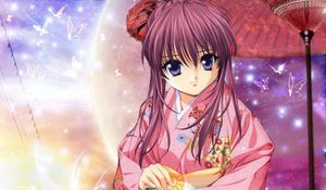 Preview wallpaper anime, girl, smile, kimono, umbrella