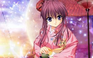 Preview wallpaper anime, girl, smile, kimono, umbrella