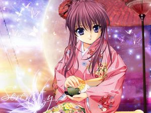 Preview wallpaper anime, girl, smile, kimono, umbrella