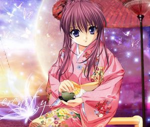 Preview wallpaper anime, girl, smile, kimono, umbrella