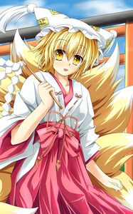 Preview wallpaper anime, girl, tail, kimono, wind