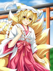 Preview wallpaper anime, girl, tail, kimono, wind