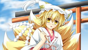 Preview wallpaper anime, girl, tail, kimono, wind