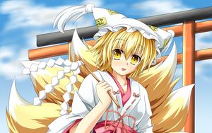 Preview wallpaper anime, girl, tail, kimono, wind