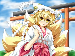 Preview wallpaper anime, girl, tail, kimono, wind