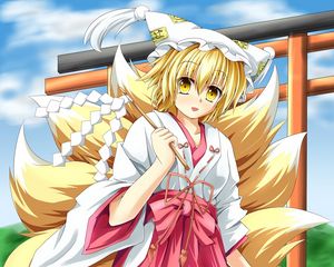 Preview wallpaper anime, girl, tail, kimono, wind