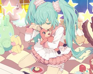 Preview wallpaper аnime, girl, tears, toys, sadness, room, bed