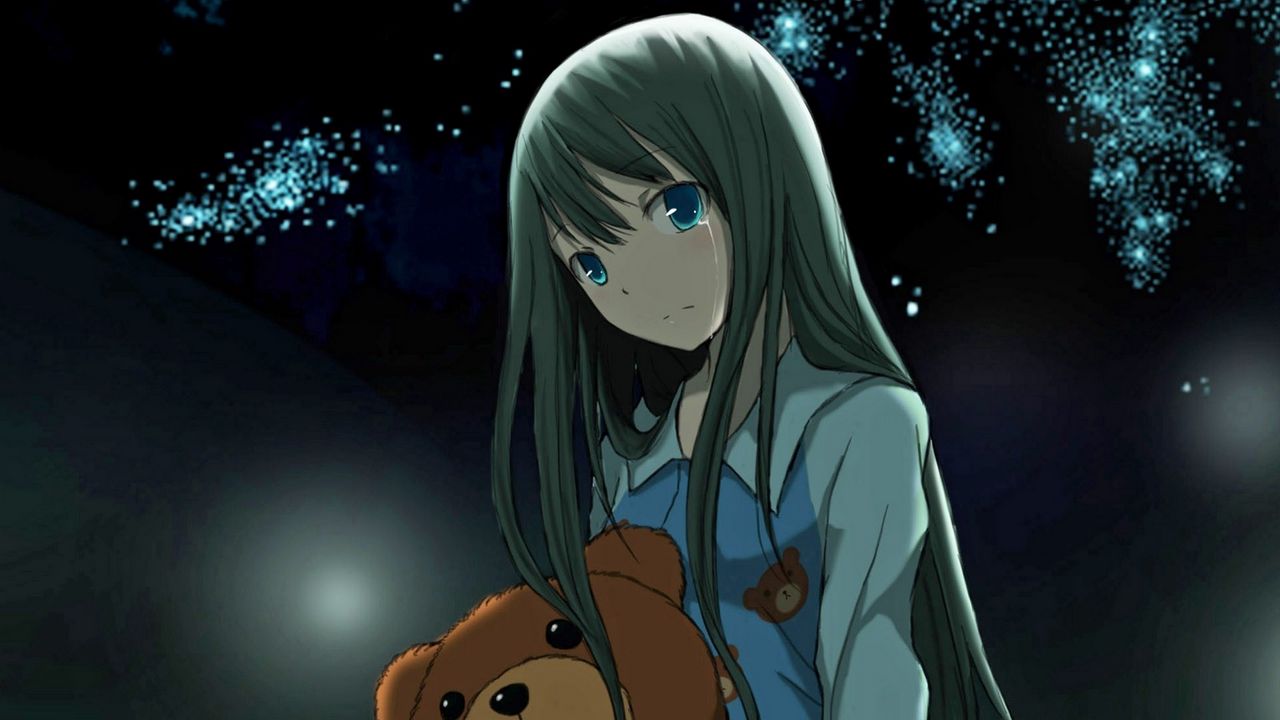 Wallpaper anime, girl, toy, bear, night, star
