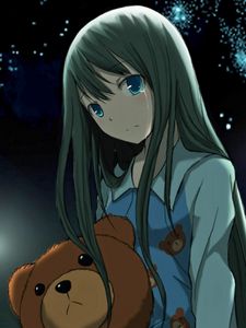 Preview wallpaper anime, girl, toy, bear, night, star