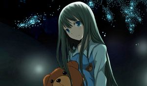 Preview wallpaper anime, girl, toy, bear, night, star
