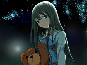 Preview wallpaper anime, girl, toy, bear, night, star