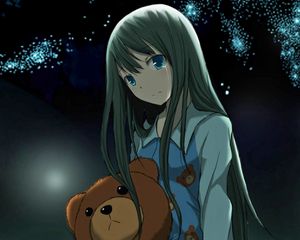 Preview wallpaper anime, girl, toy, bear, night, star