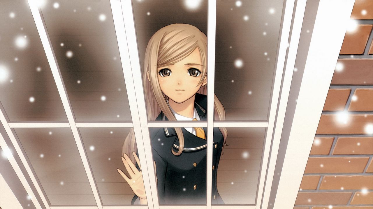 Wallpaper anime, girl, window, snow, smile