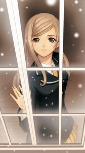 Preview wallpaper anime, girl, window, snow, smile