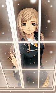 Preview wallpaper anime, girl, window, snow, smile