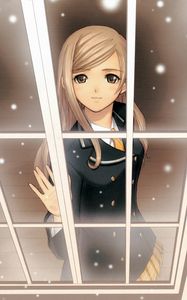 Preview wallpaper anime, girl, window, snow, smile