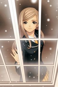 Preview wallpaper anime, girl, window, snow, smile