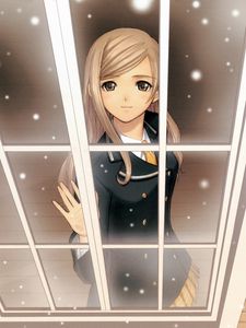 Preview wallpaper anime, girl, window, snow, smile