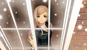 Preview wallpaper anime, girl, window, snow, smile