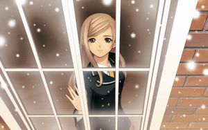 Preview wallpaper anime, girl, window, snow, smile