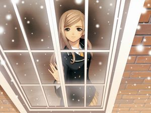 Preview wallpaper anime, girl, window, snow, smile