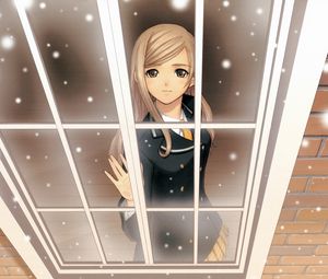 Preview wallpaper anime, girl, window, snow, smile