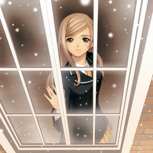 Preview wallpaper anime, girl, window, snow, smile