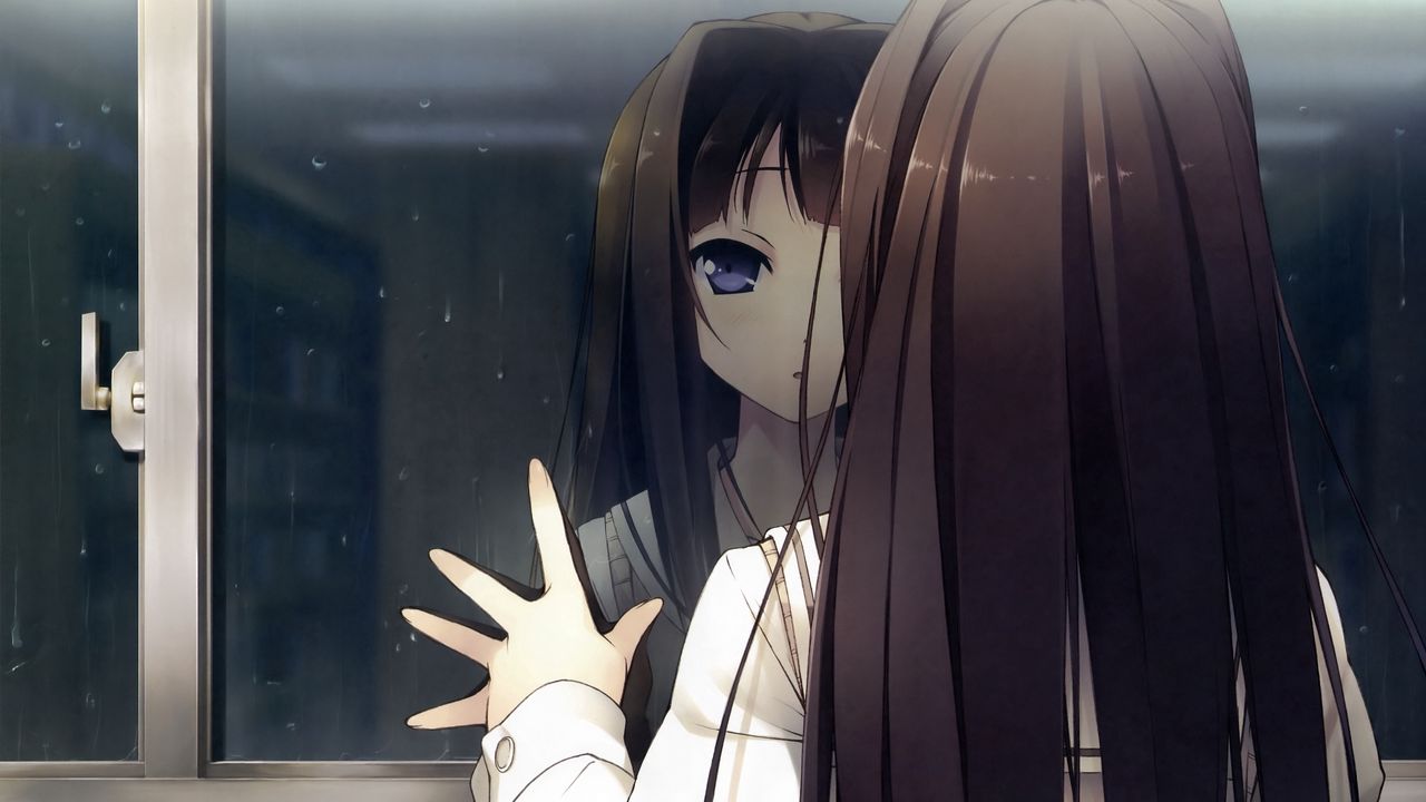 Wallpaper anime girl, window, reflection, drop, rain, look